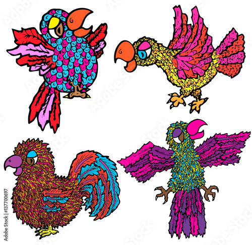 Hand Drawn Illustration of Cute Cartoon Birds 