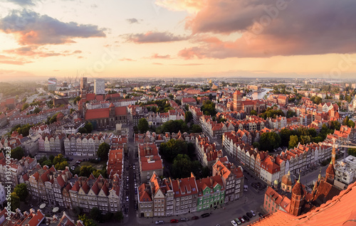 Panorama of the Gdansk old city during sunset in Poland