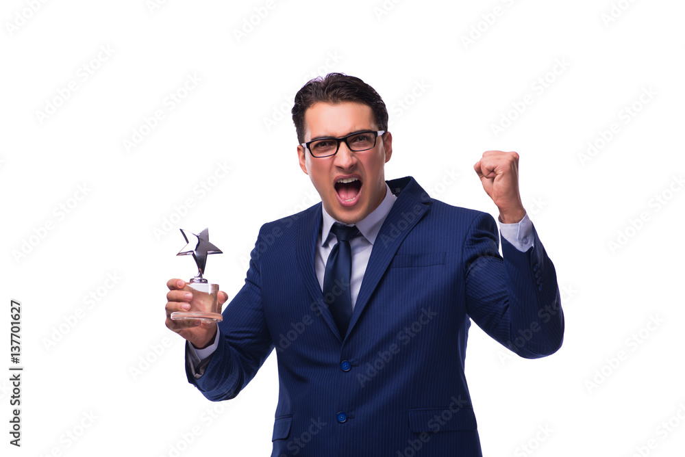 Businessman with star award isolated on white Businessman with star award isolated on white