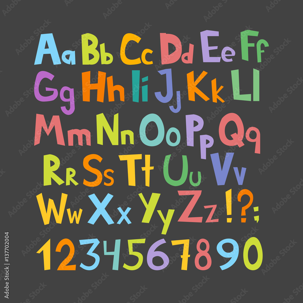 Funny comics font. Hand drawn lowcase and uppercase colorful cartoon English alphabet with lower and uppercase letters. Vector illustration