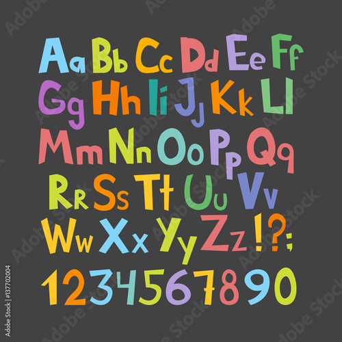 Funny comics font. Hand drawn lowcase and uppercase colorful cartoon English alphabet with lower and uppercase letters. Vector illustration