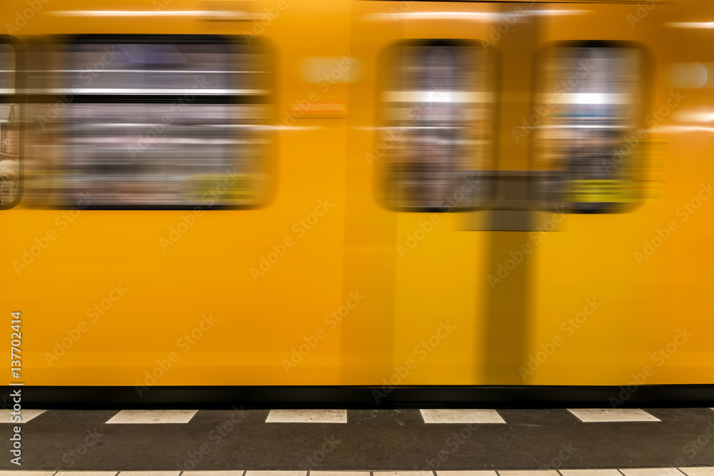 Berlin metro underground - Yellow Train moving - nobody background