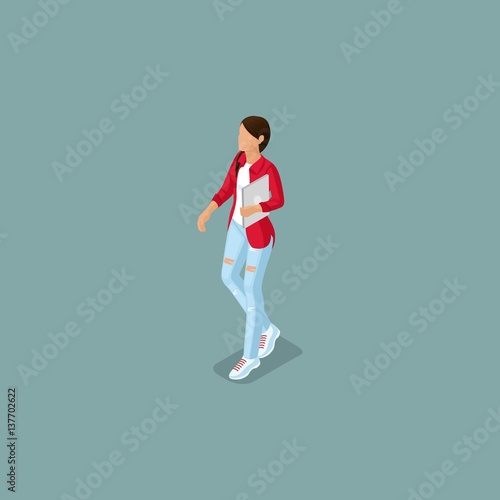 Fototapeta Naklejka Na Ścianę i Meble -  Set Trendy isometric people. Creative people working in co working office, modern gadgets. Freelancers stylish hairstyles and clothes isolated on white background. Vector illustration