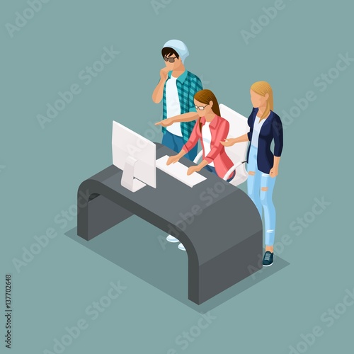 Set Trendy isometric people. Creative people working in co working office, modern gadgets. Freelancers stylish hairstyles and clothes isolated on white background. Vector illustration