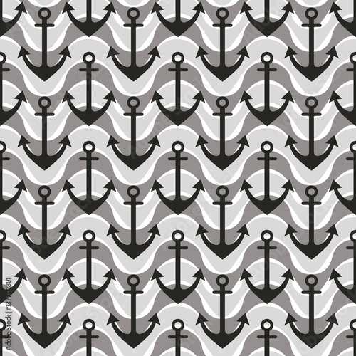 Vector seamless pattern with anchor, waves. Symmetrical background, nautical theme. Graphic illustration. Template for wrapping, backgrounds, fabric, prints, decor, surface