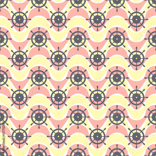 Vector seamless pattern with steering wheel, waves. Symmetrical pink background, nautical theme. Graphic illustration. Template for wrapping, backgrounds, fabric, prints, decor, surface