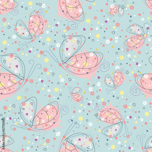 Vector seamless pattern with insect Hand drawn outline decorative endless background with cute drawn butterfly Graphic illustration. Line drawing. Print for wrapping, background, decor