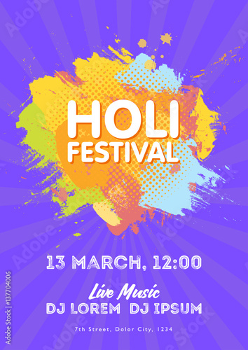 Holi spring festival of colors invitation template with colorful powder paint clouds and sample text. Blue, yellow, pink and orange powder paint. Vector illustration.