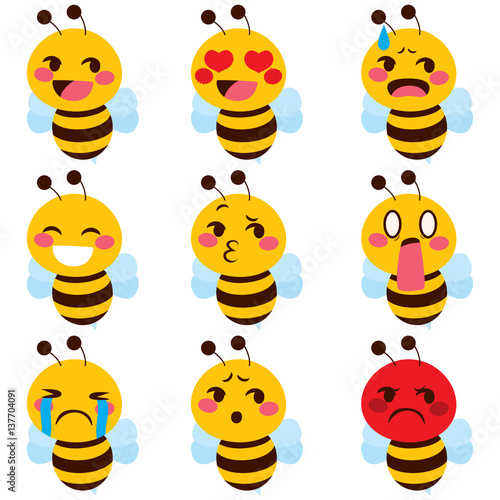 Set of cute bee mascot emoji different face expressions