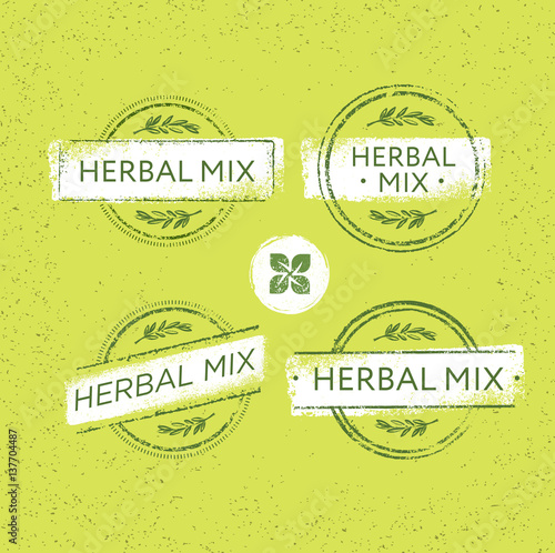 Herbal Tea Mix Creative Vector Stamp Concept On Organic Background. Eco Insignia Label Illustration