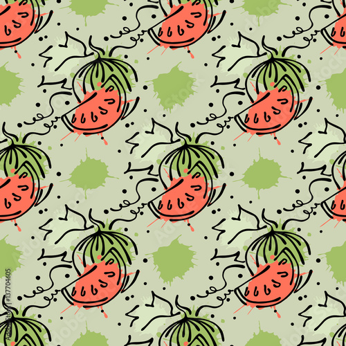 Fototapeta Naklejka Na Ścianę i Meble -  Vector fruits seamless pattern.Fruits with leaves, decorative elements, blots, drops, splash Hand drawn contour lines and strokes Doodle sketch style, graphic vector drawing illustration