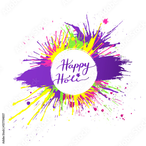 Bright and colorful Happy Holi banner with vivid paint splashes on white background. Vector illustration.