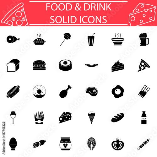 Food and drink solid pictograms package, Sweets symbols collection, fast food vector sketches, logo illustrations, meals filled icon set isolated on white background, eps 10.