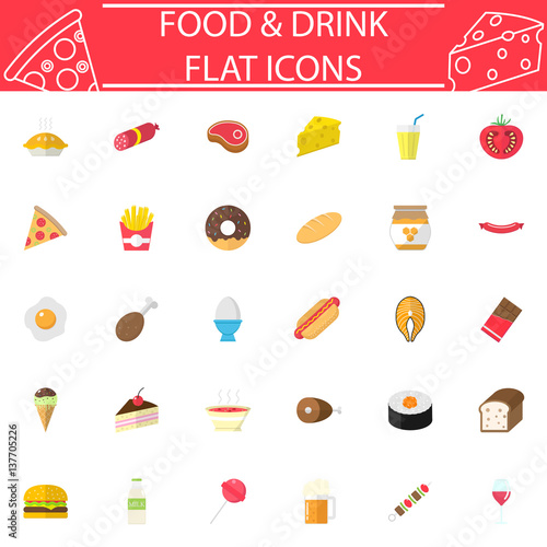 Food and drink flat pictograms package, Sweets symbols collection, fast food vector sketches, logo illustrations, meals colorful solid icon set isolated on white background, eps 10.