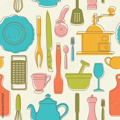 Seamless pattern with color kitchen utensils. Vector illustration.