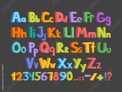 Funny comics font. Hand drawn lowcase and uppercase colorful cartoon English alphabet with lower and uppercase letters. Vector illustration