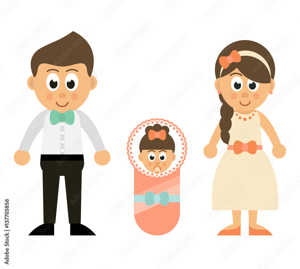 cartoon little baby girl with mother and father cartoon little baby girl with mother and father