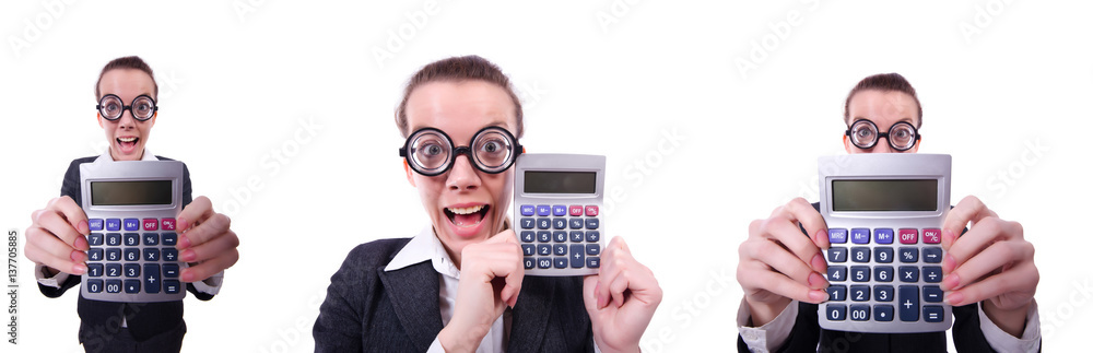 Nerd female accountant with calculator Nerd female accountant with calculator