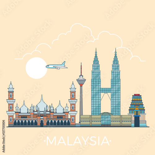World travel in Malaysia Linear Flat vector design template.