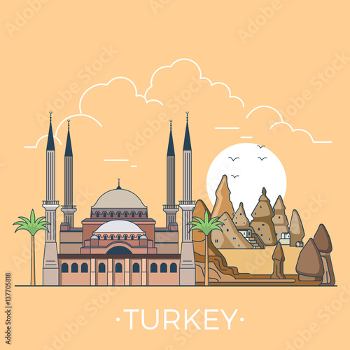 World travel in Turkey Linear Flat vector design template.