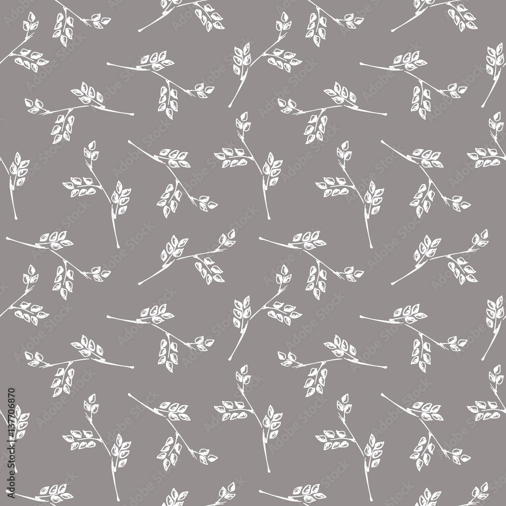 Seamless vector pattern, grey hand drawn background with branch and leaves. Hand sketch drawing. Doodle style. Series of Hand Drawn Patterns.