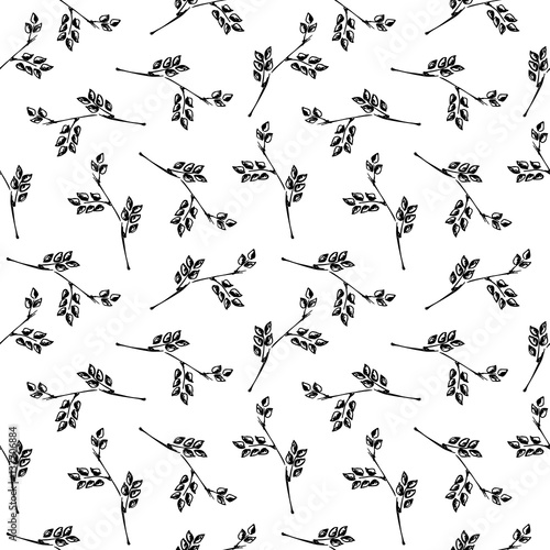 Seamless vector pattern, hand drawn background with branch and leaves. Hand sketch drawing. Doodle style. Series of Hand Drawn Patterns.