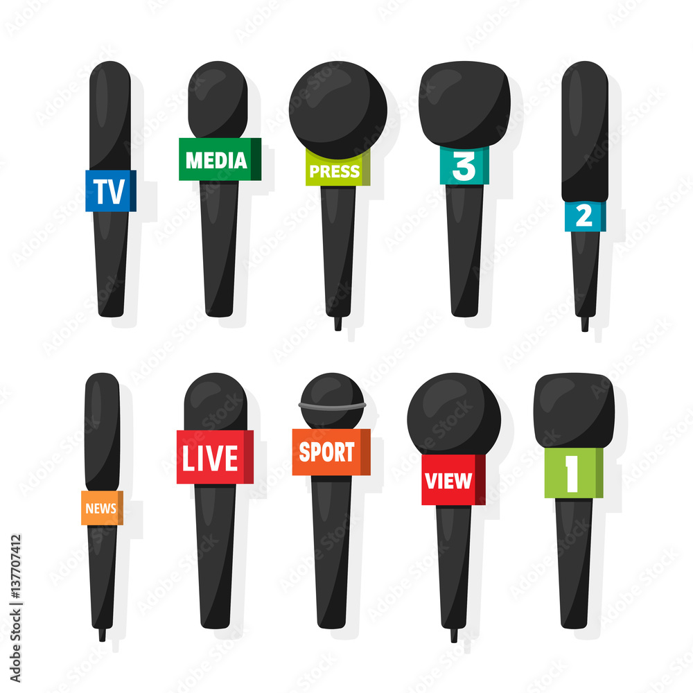 Microphone,reporter equipment. Mass media, television show. Tv.Audio  conference. Interview. Broadcasting, communication. Flat style. Studio.  Sound or music.Set. Stock-vektor | Adobe Stock
