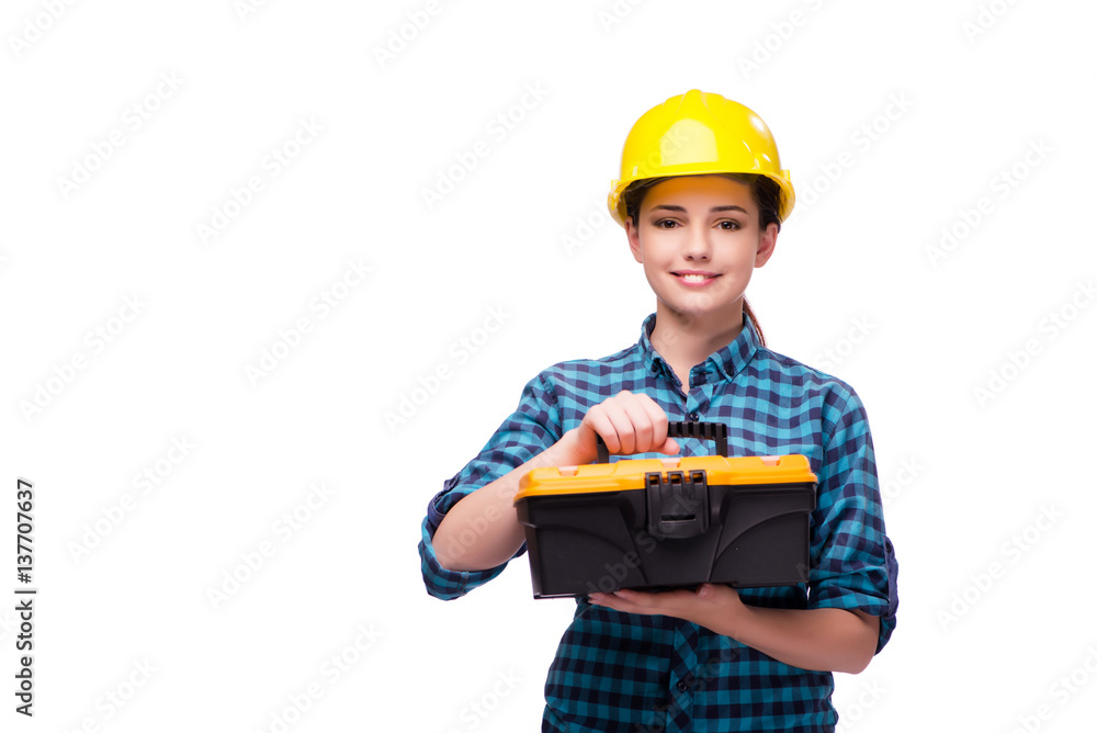 Young woman in industrial concept isolated on white Young woman in industrial concept isolated on white