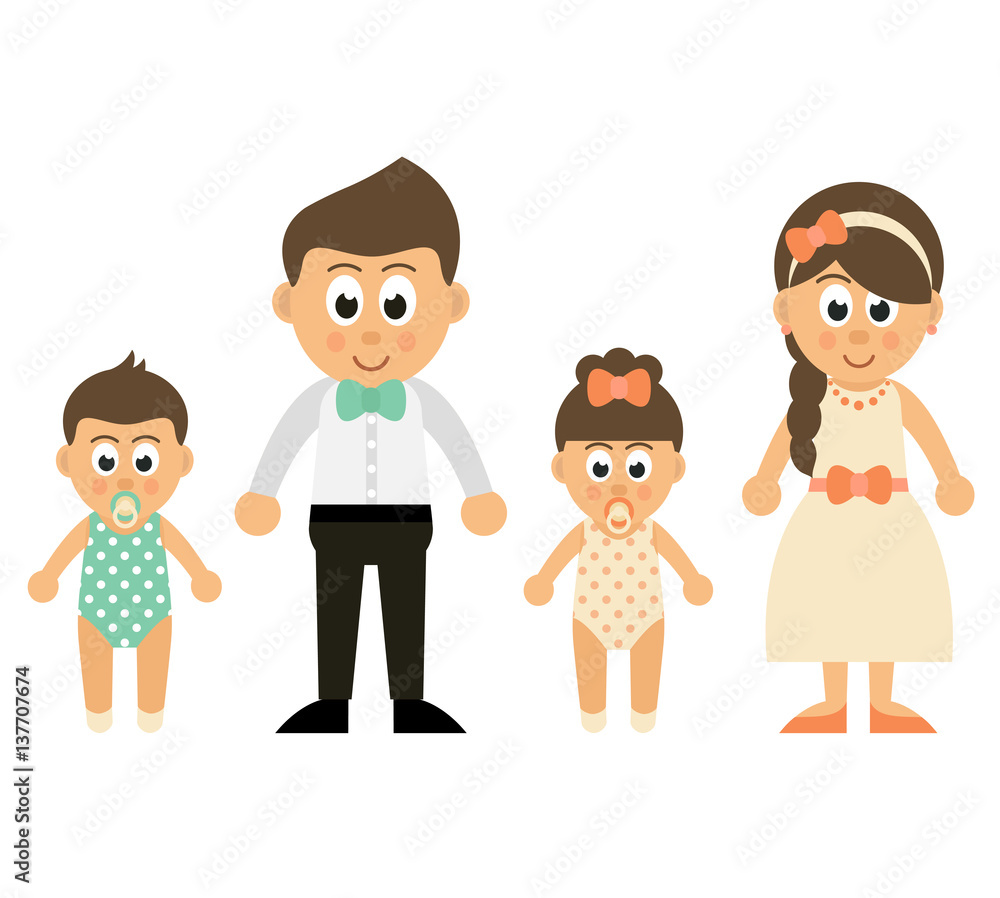 cartoon baby girl and boy with mother and father cartoon baby girl and boy with mother and father