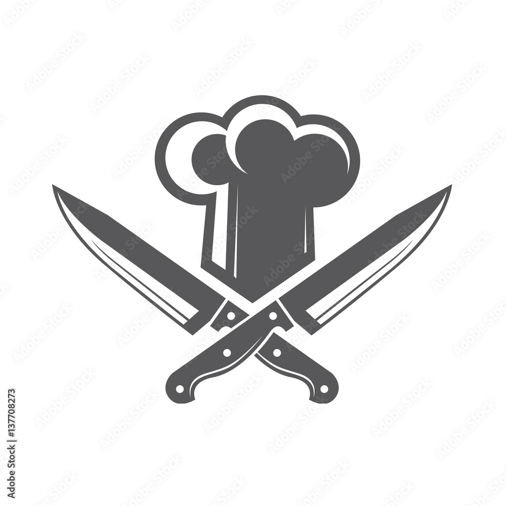 monochrome illustrations of crossed knives and chef hat Stock Vector