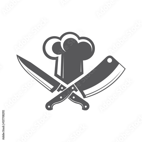 monochrome illustrations of crossed knives and chef hat
