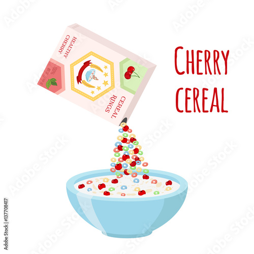 Cereal rings, cherry with bowl. Organic oatmeal breakfast with milk
