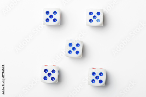 Dice with number five on white background. Isolated.