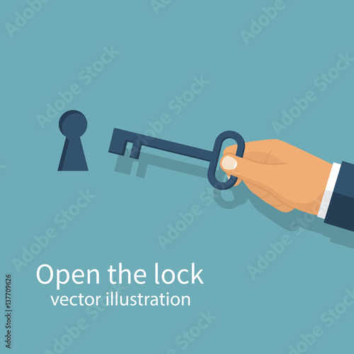 Key in hand holds man. Open the door lock. Keyhole isolated on white background. Vector illustration flat design. Unlock opening. Real estate template for sales, rental, advertising. Sign in house.
