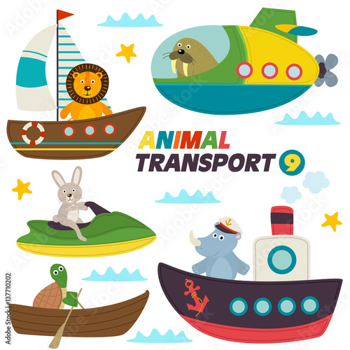 set of isolated sea transports with animals - vector illustration, eps
