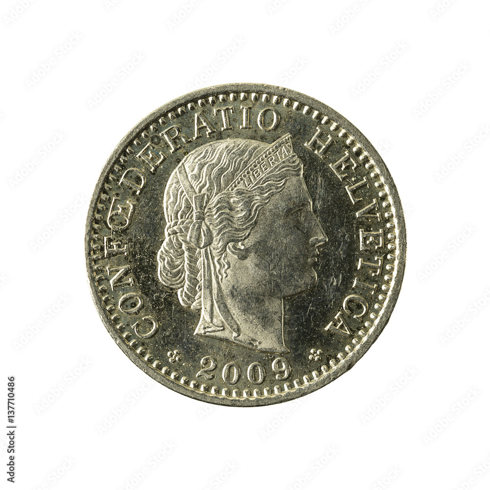 20 swiss rappen coin (2009) reverse isolated on white background 20 swiss rappen coin (2009) reverse isolated on white background