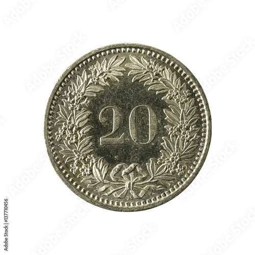 20 swiss rappen coin (2009) obverse isolated on white background photo