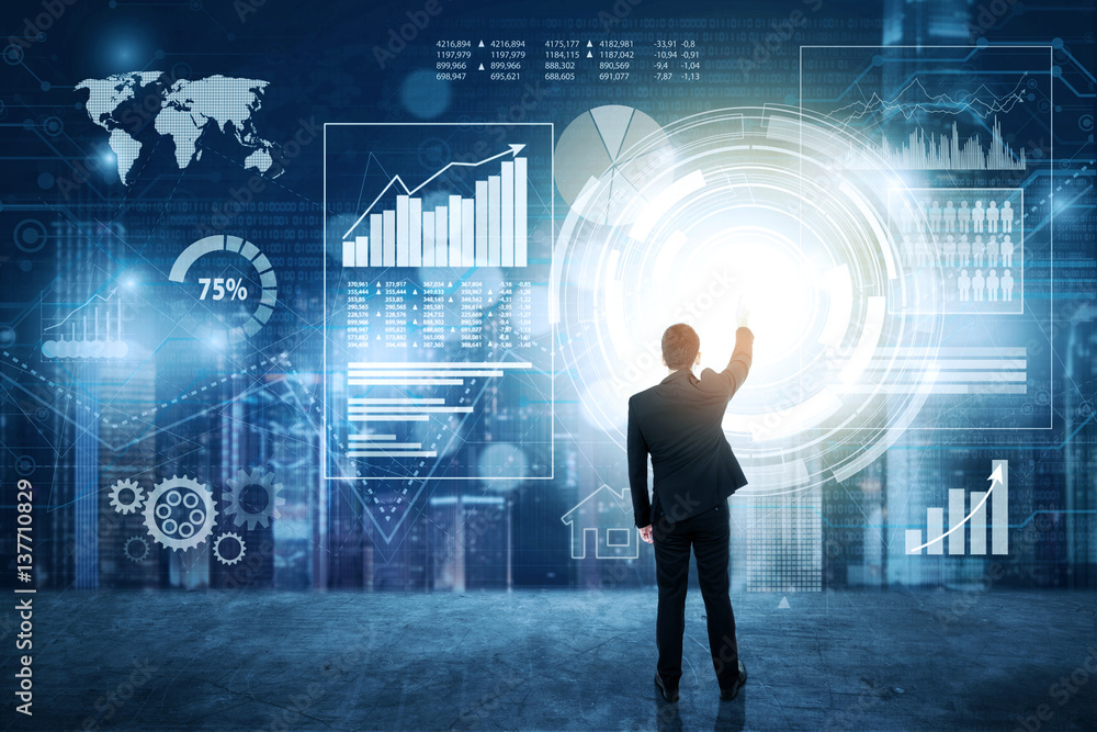 Businessman touching icon on digital screen Businessman touching icon on digital screen
