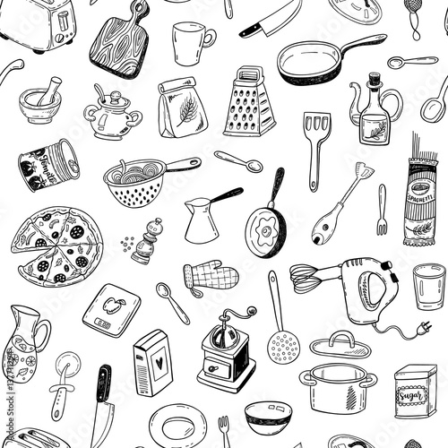 Seamless vector pattern with hand drawn sketch kitchen tools