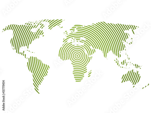 World map of green concentric rings on white background. Worldwide communication radio waves concept Modern design vector wallpaper.
