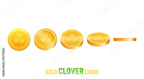 Saint Patrick`s Day vector coins. Gold coins with clover.