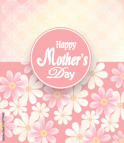 Happy Mothers Day card, the label of flowers on blurred background