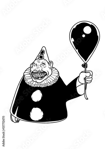 Creepy clown with a black balloon. Vector illustration