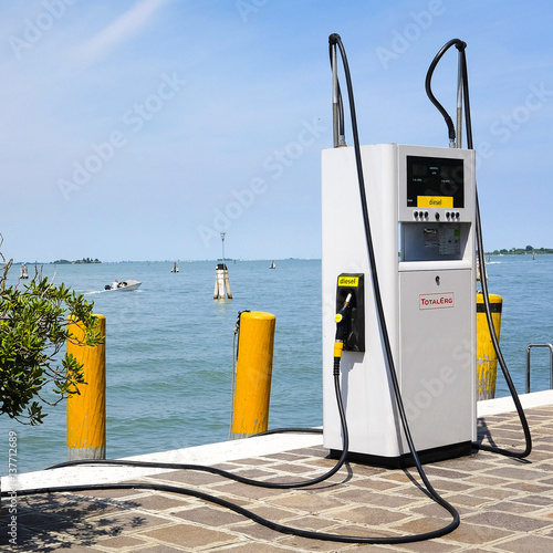 Venice, Italy, June - 21, 2016: boat petrol station in Venice, Italy