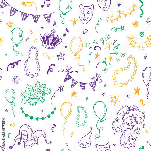 Mardi Gras carnival seamless pattern with hand drawn doodle masquerade elements