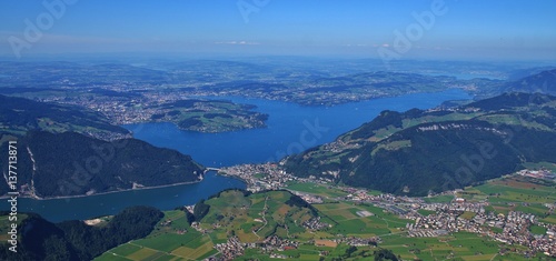 Fototapeta Naklejka Na Ścianę i Meble -  Lake Vierwaldstattersee and Lucerne in summer. View from mount Stanserhorn.