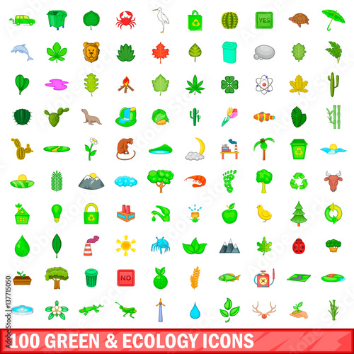 Fototapeta Naklejka Na Ścianę i Meble -  100 green and ecology icons set, cartoon style