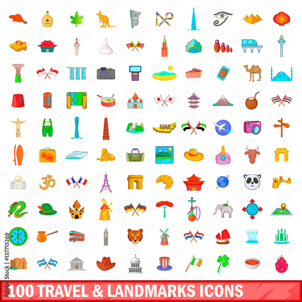 Fototapeta premium 100 travel and landmarks icons set, cartoon style