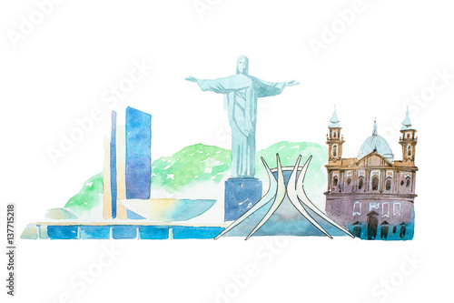 Canvas Print Famous Brazil landmarks travel and tourism waercolor illustration