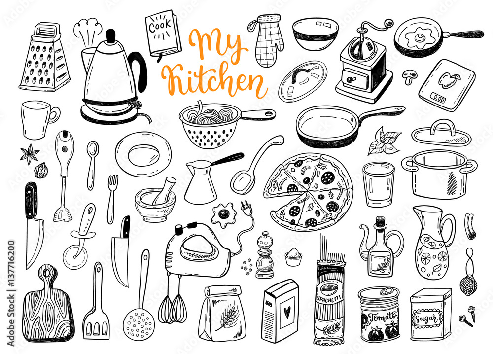 Kitchen utensils, cooking stuff hand drawn sketch set, collection of a funny  isolated vector doodles. Stock Vector | Adobe Stock